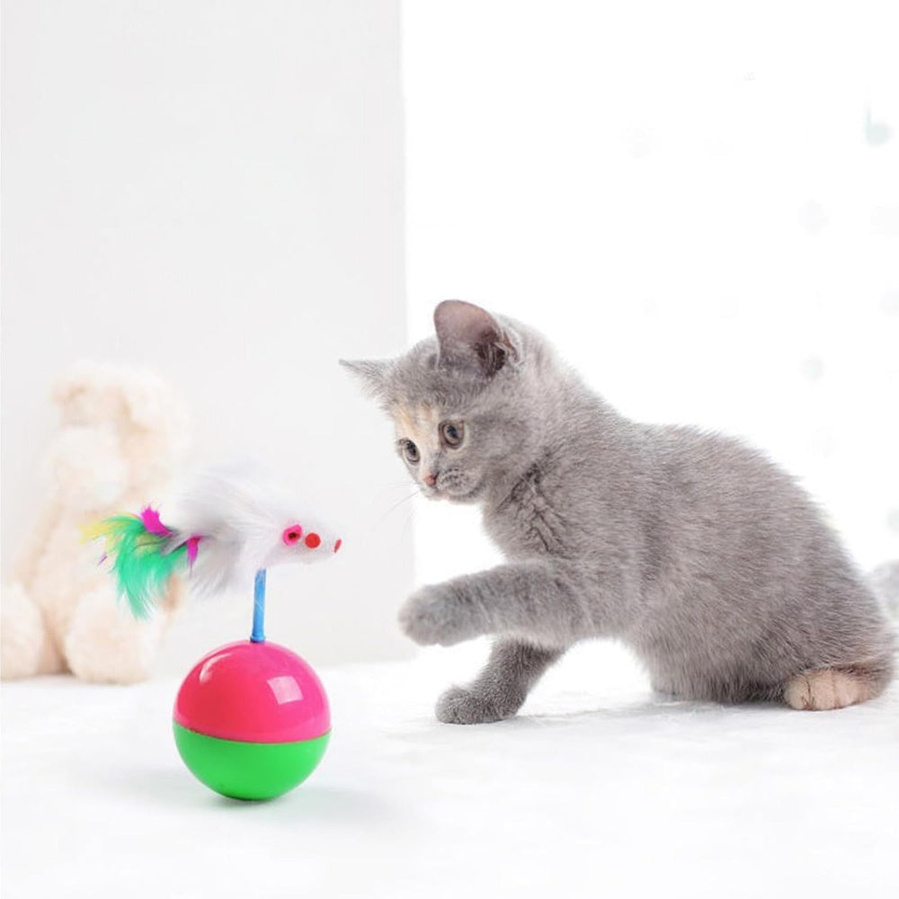 Cat Teaser Tumbler Mouse Toy - Faux Feather Mouse Ball, Random Colors for Kittens & Dogs