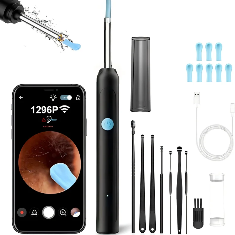 Nettoyeur d'oreilles visuel HD intelligent - Otoscope sans fil 1080P avec kit de suppression de cérumen en silicone