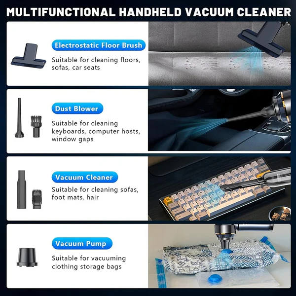 High-Power Cordless Portable Vacuum - 9000Pa Suction Mini Handheld Cleaner for Car & Home