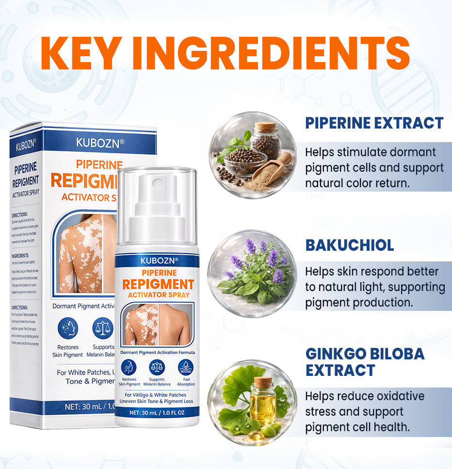 ⚡KUBOZN® Spray activateur de repigmentation à la pipérine pour réactiver les cellules pigmentaires dormantes et restaurer la couleur naturelle de la peau