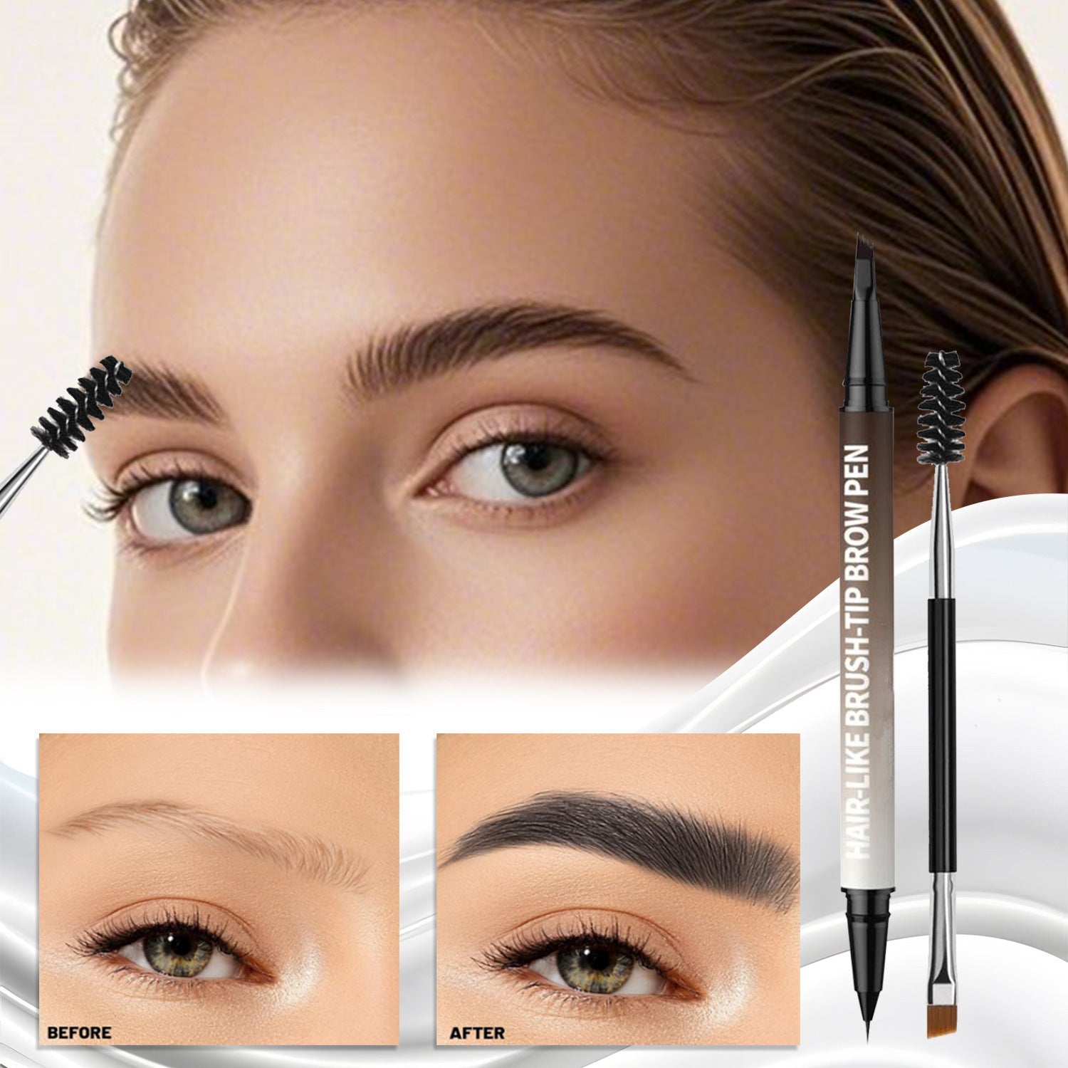 Crayon sourcils 3D 2-en-1 effet poils à poils + Pinceau carré 🔥 Des sourcils effet « microblading » naturel en quelques secondes — Même pour les débutantes