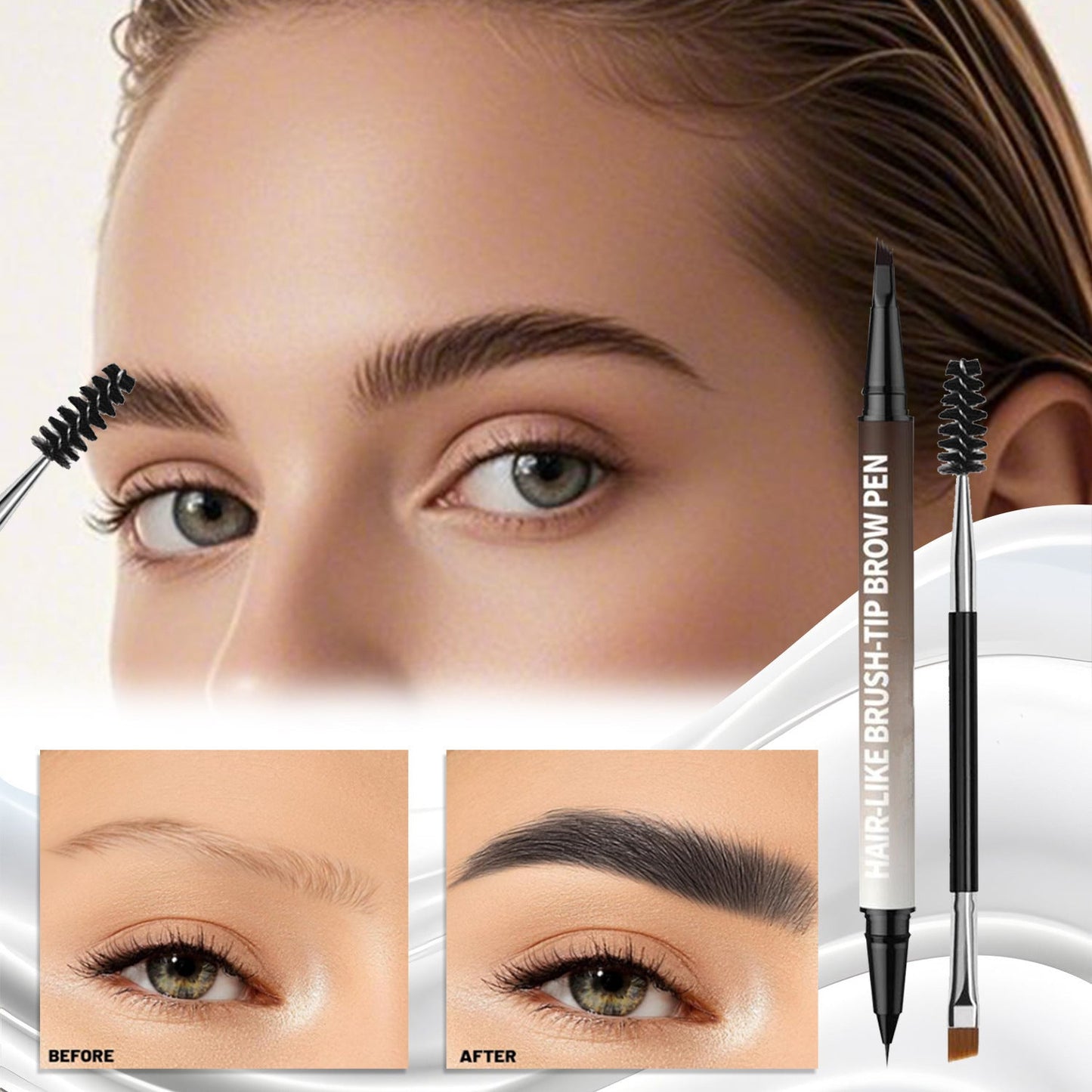 Crayon à sourcils 2-en-1 effet microblading 3D + brosse carrée 🔥 Des sourcils effet « microblading » naturels en quelques secondes — même pour les débutants ✅